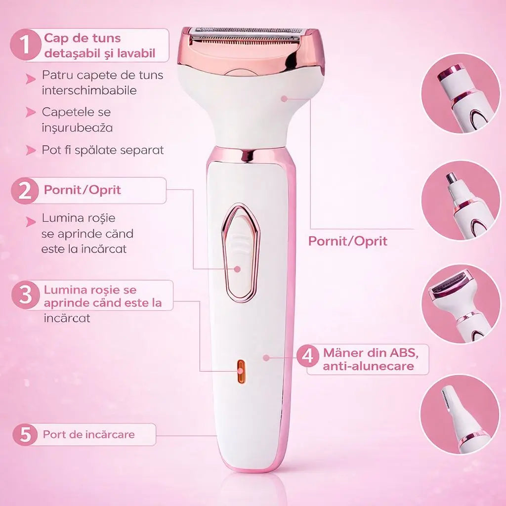 Epilator 4 in 1 pentru Fata si Corp: Reincarcabil USB 4 Capete Interschimbabile Neamtul.ro
