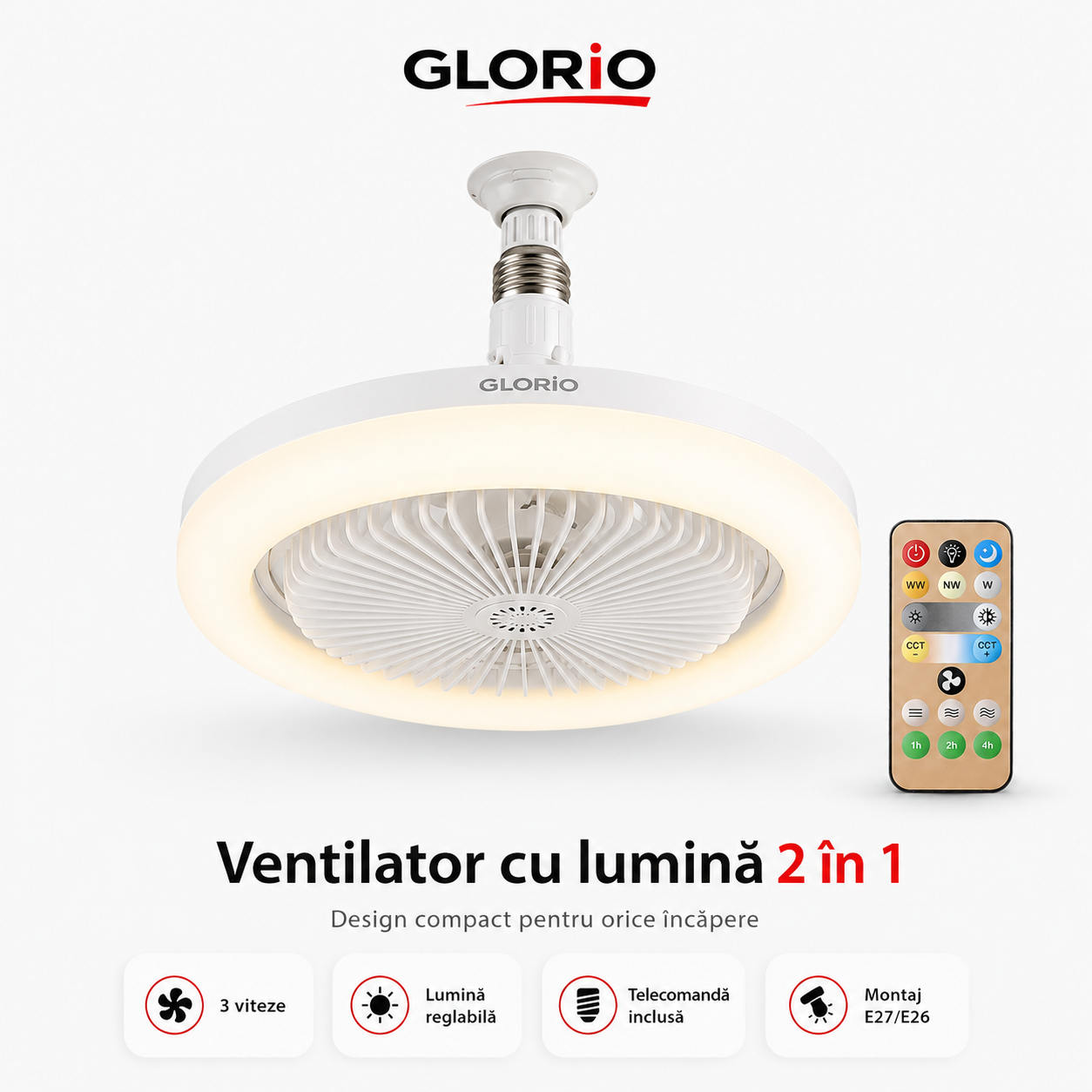Ventilator cu Lumină 2 în 1 Glorio – Răcoare și iluminare într-un singur produs Glorio