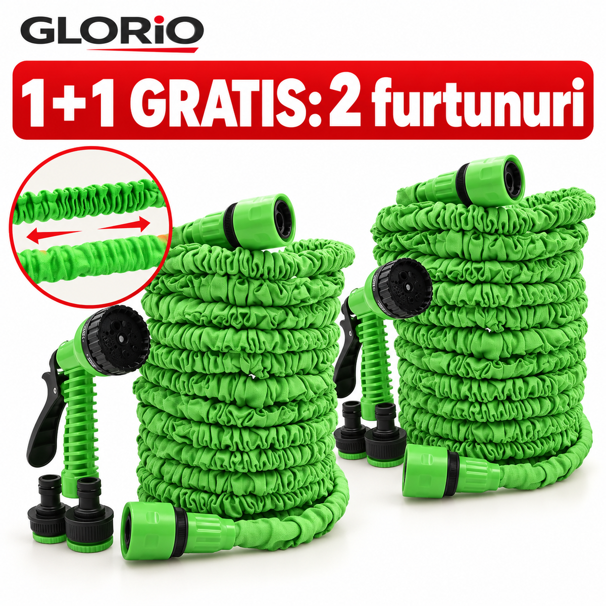 Furtun Extensibil Expert Garden, 15–60 m Fiecare, cu Pistoale – 1+1 Gratis | Glorio – 1+1 GRATIS: 2 furtunuri