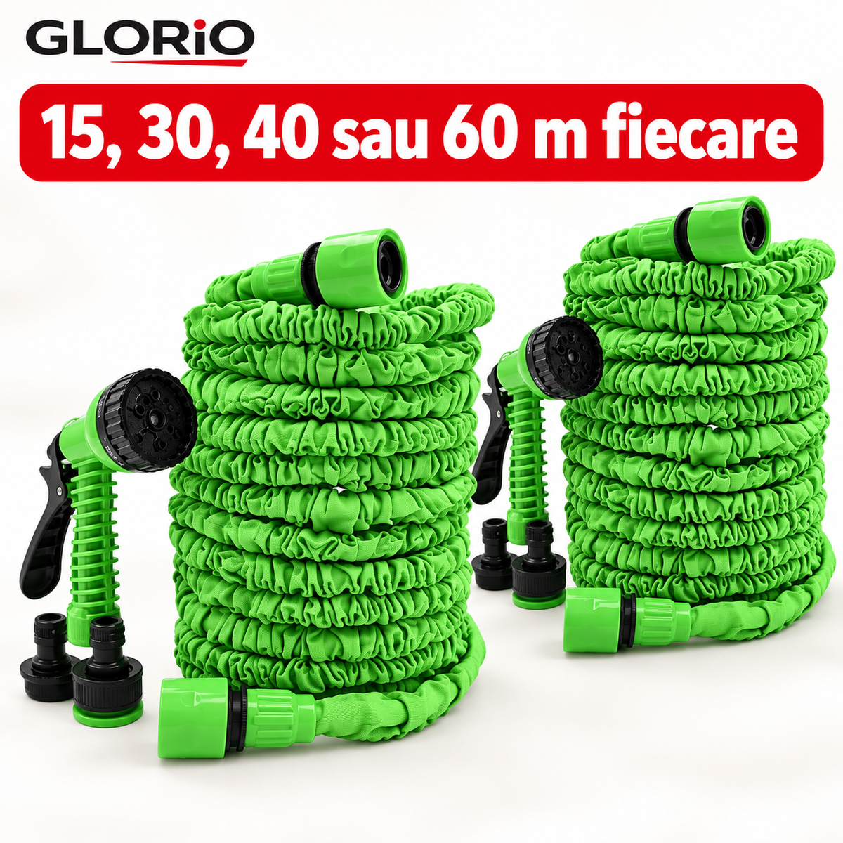 Furtun Extensibil Expert Garden, 15–60 m Fiecare, cu Pistoale – 1+1 Gratis | Glorio – 15, 30, 40 sau 60 m fiecare