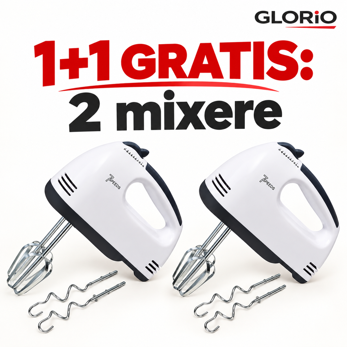 Mixer de Mână 260 W, 7 Viteze, Accesorii Metalice – 1+1 Gratis | Glorio – 1+1 GRATIS: 2 mixere