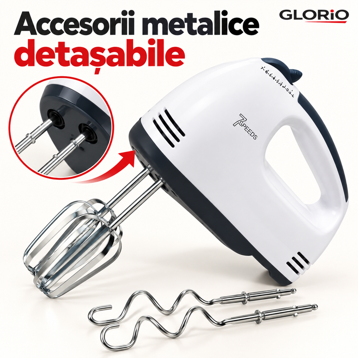 Mixer de Mână 260 W, 7 Viteze, Accesorii Metalice – 1+1 Gratis | Glorio – Accesorii metalice detașabile
