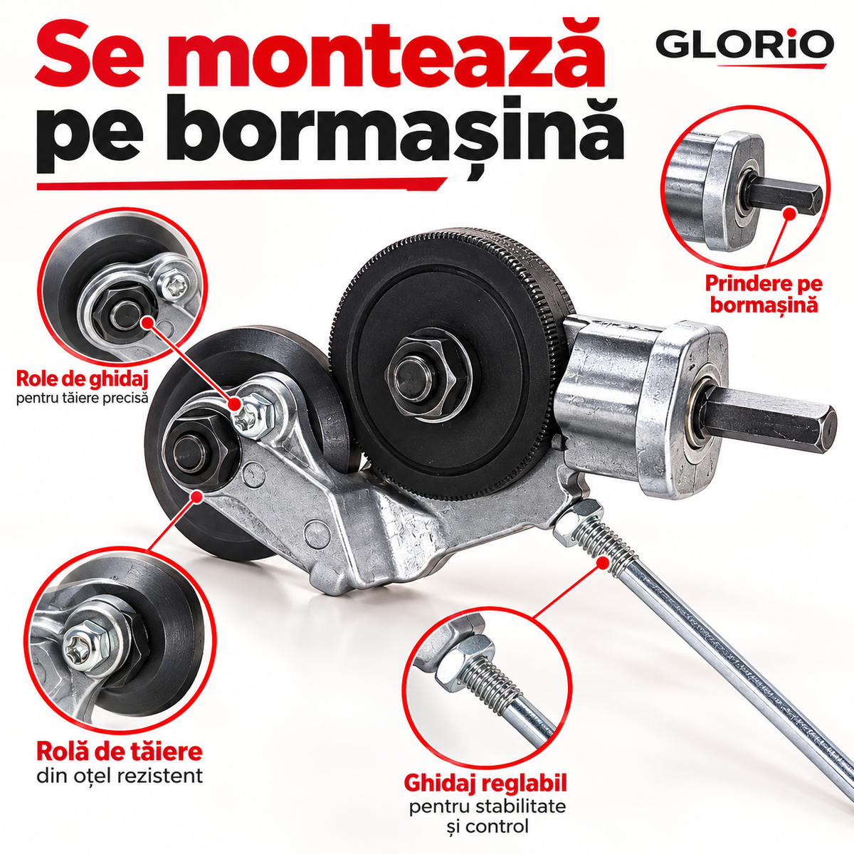 Adaptor de Tăiat Tablă pentru Bormașină, cu Role de Ghidaj | Glorio – Se montează pe bormașină