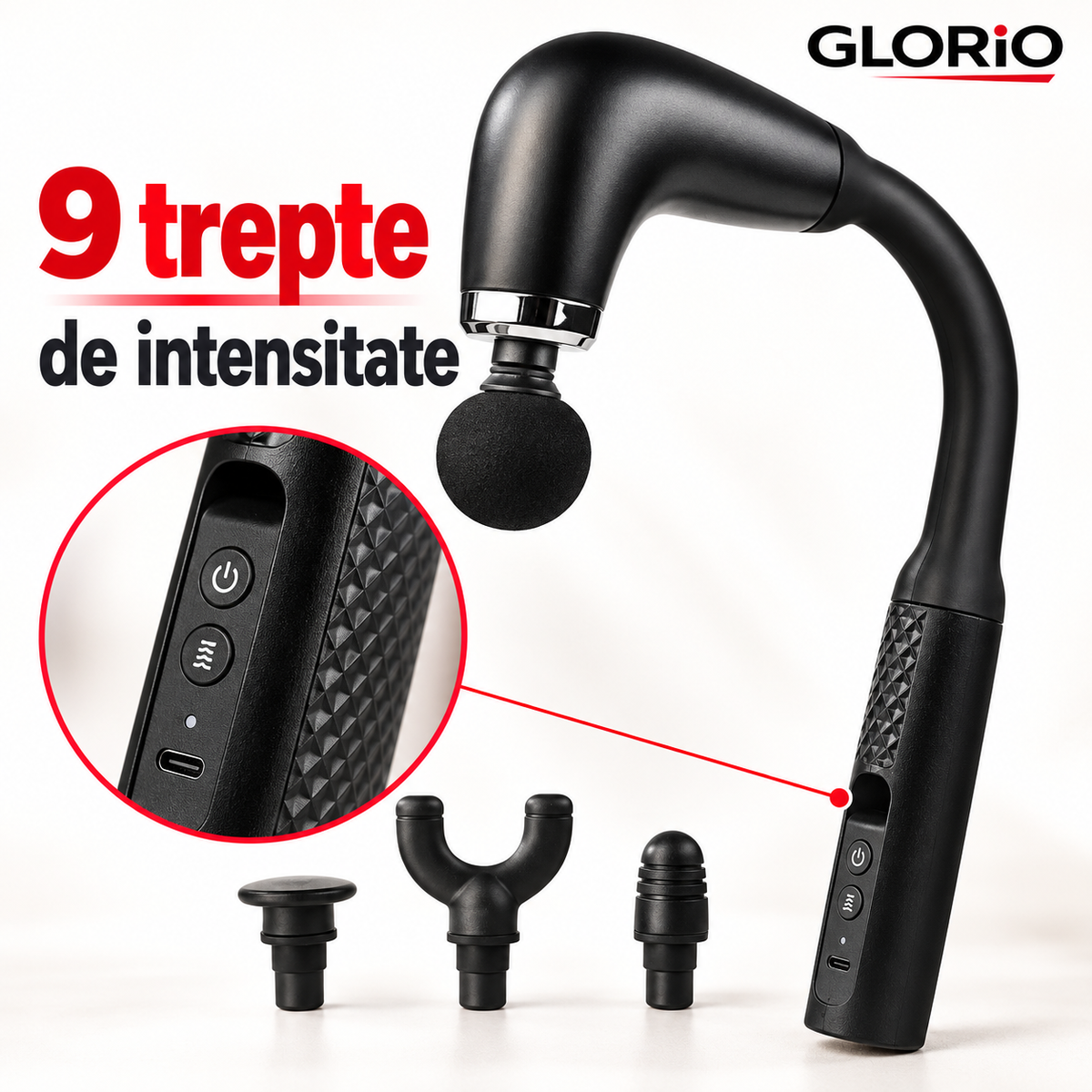 Aparat de Automasaj Tip Cârlig, 9 Trepte, USB, Acumulator 1200 mAh | Glorio – 9 trepte de intensitate