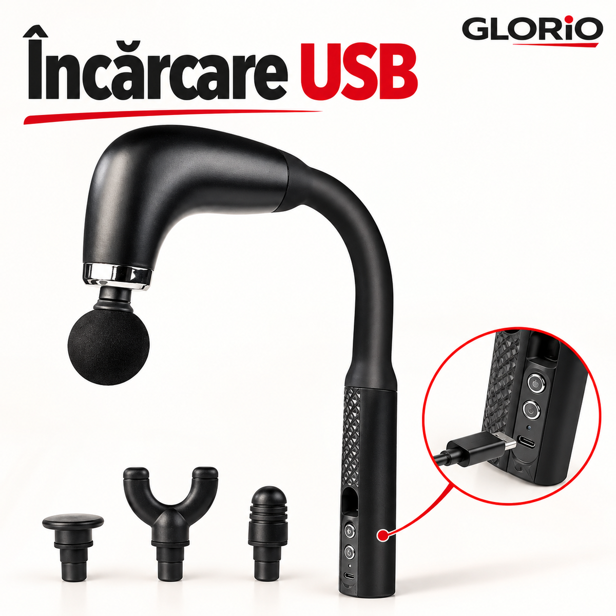 Aparat de Automasaj Tip Cârlig, 9 Trepte, USB, Acumulator 1200 mAh | Glorio – Încărcare USB
