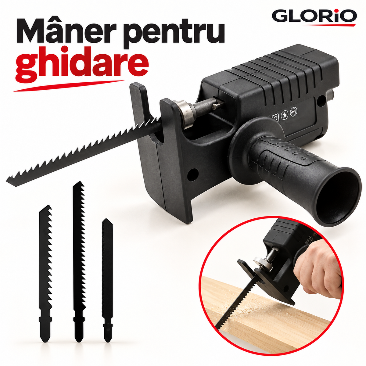 Adaptor Ferăstrău pentru Bormașină, 3 Lame pentru Lemn și Metal | Glorio – Mâner pentru ghidare