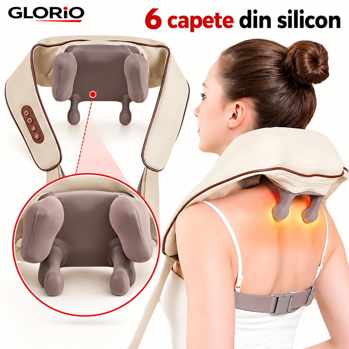 Aparat de Masaj Cervical 6D, 6 Capete Silicon, 3 Intensități și Încălzire | Glorio – 6 capete din silicon