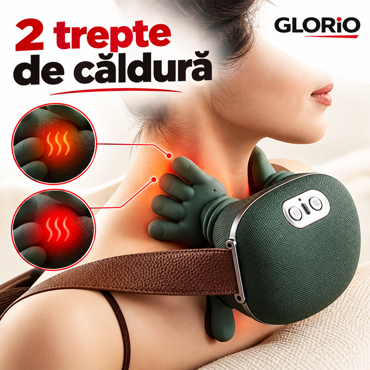 Aparat de Masaj Cervical 4D Shiatsu, Wireless, 3 Intensități, 2 Trepte Căldură | Glorio – 2 trepte de căldură