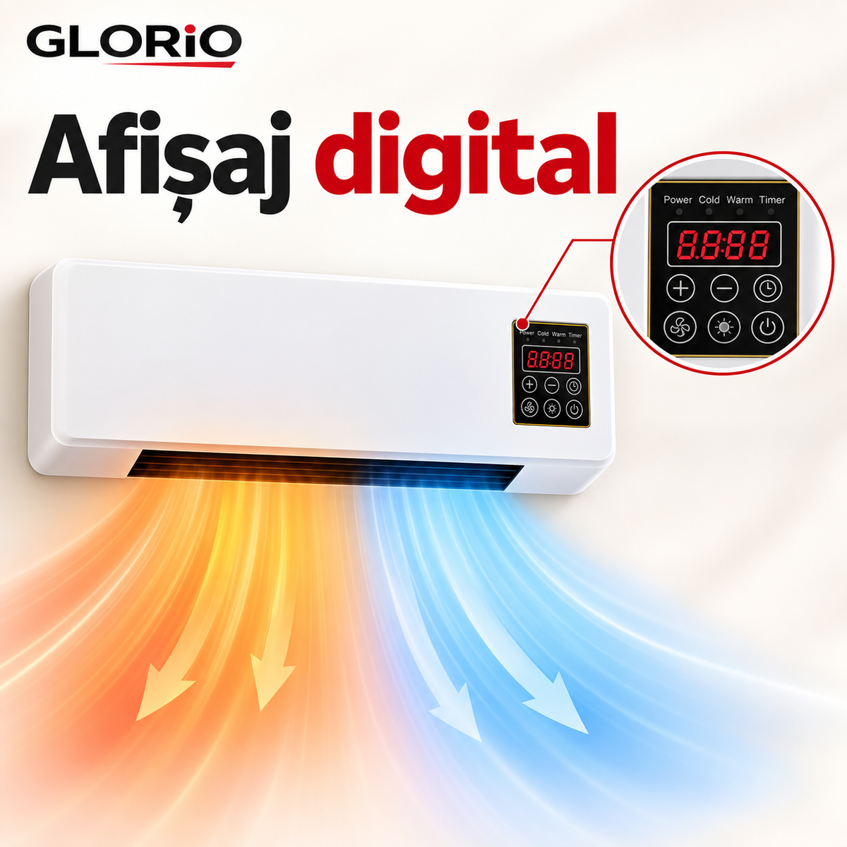 Aparat de Încălzire și Ventilație 2 în 1, cu Telecomandă și Afișaj Digital | Glorio – Afișaj digital