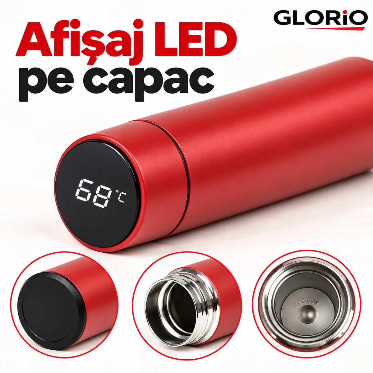 Termos Smart 500 ml, Afișaj LED, Inox SUS 304 – 1+1 Gratis | Glorio – Afișaj LED pe capac