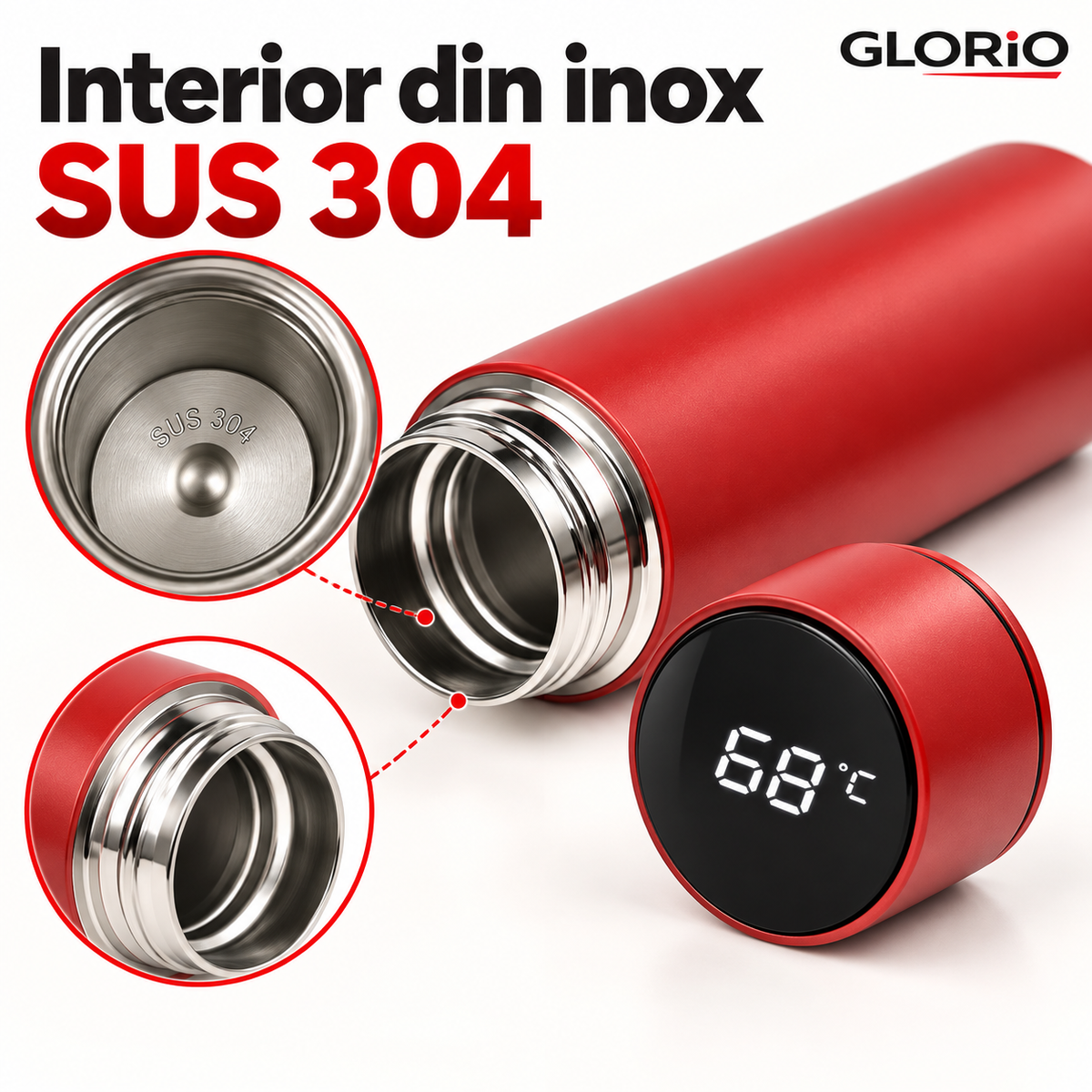 Termos Smart 500 ml, Afișaj LED, Inox SUS 304 – 1+1 Gratis | Glorio – Interior din inox SUS 304