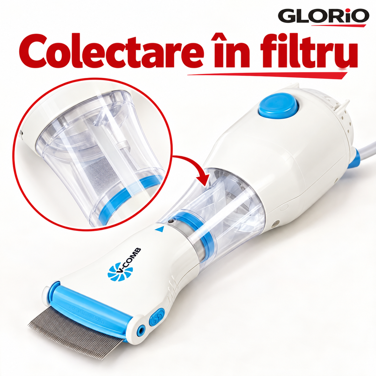 Pieptene Electric Antipăduchi cu Aspirare și 3 Filtre | Glorio – Colectare în filtru