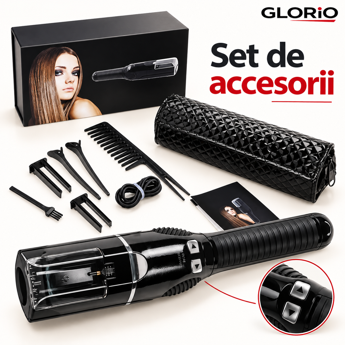 Aparat de Tuns Vârfuri Despicate, Fără Fir, USB, cu Accesorii | Glorio – Set de accesorii