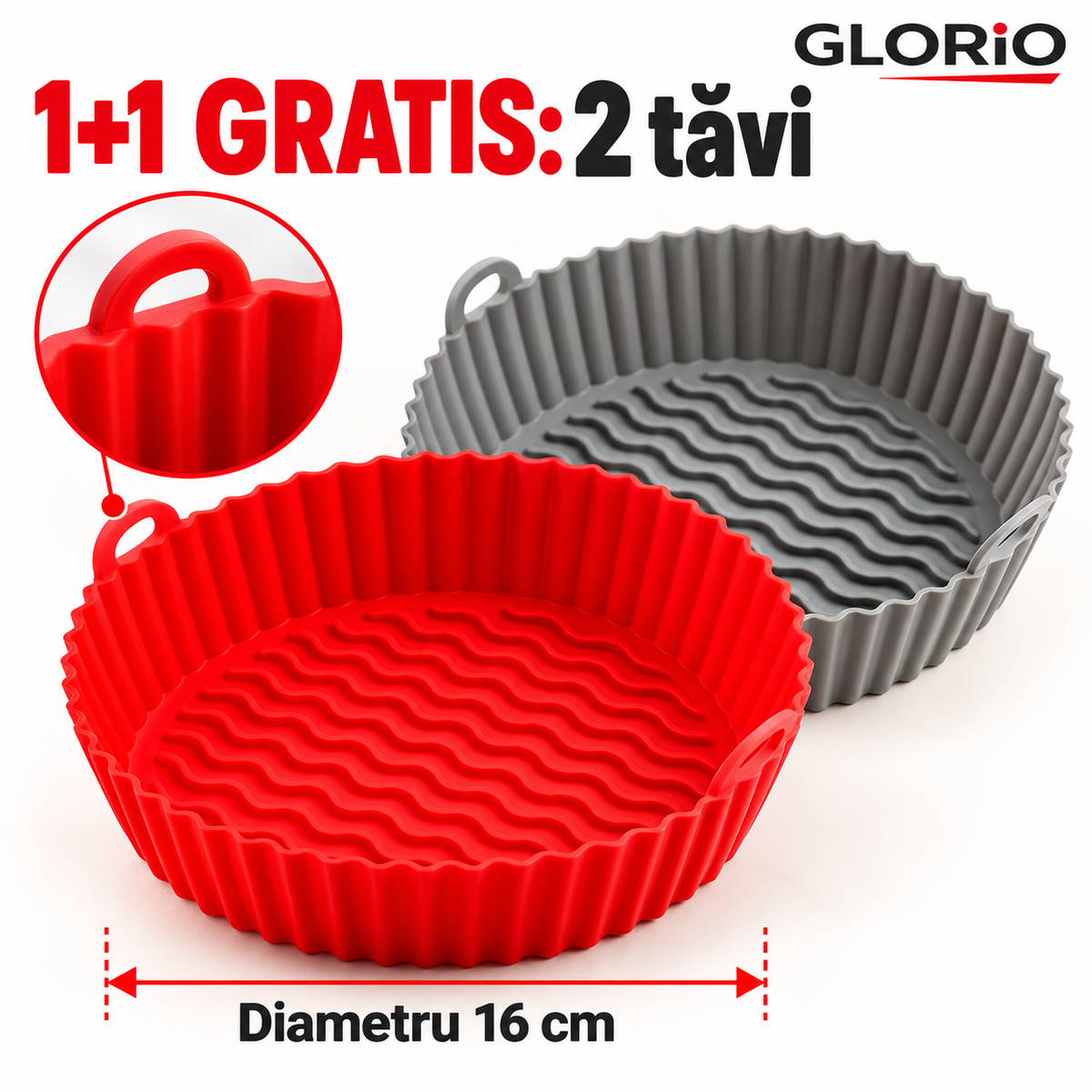 Tavă Silicon Air Fryer, 16 cm, cu Mânere – 1+1 Gratis | Glorio – 1+1 GRATIS: 2 tăvi