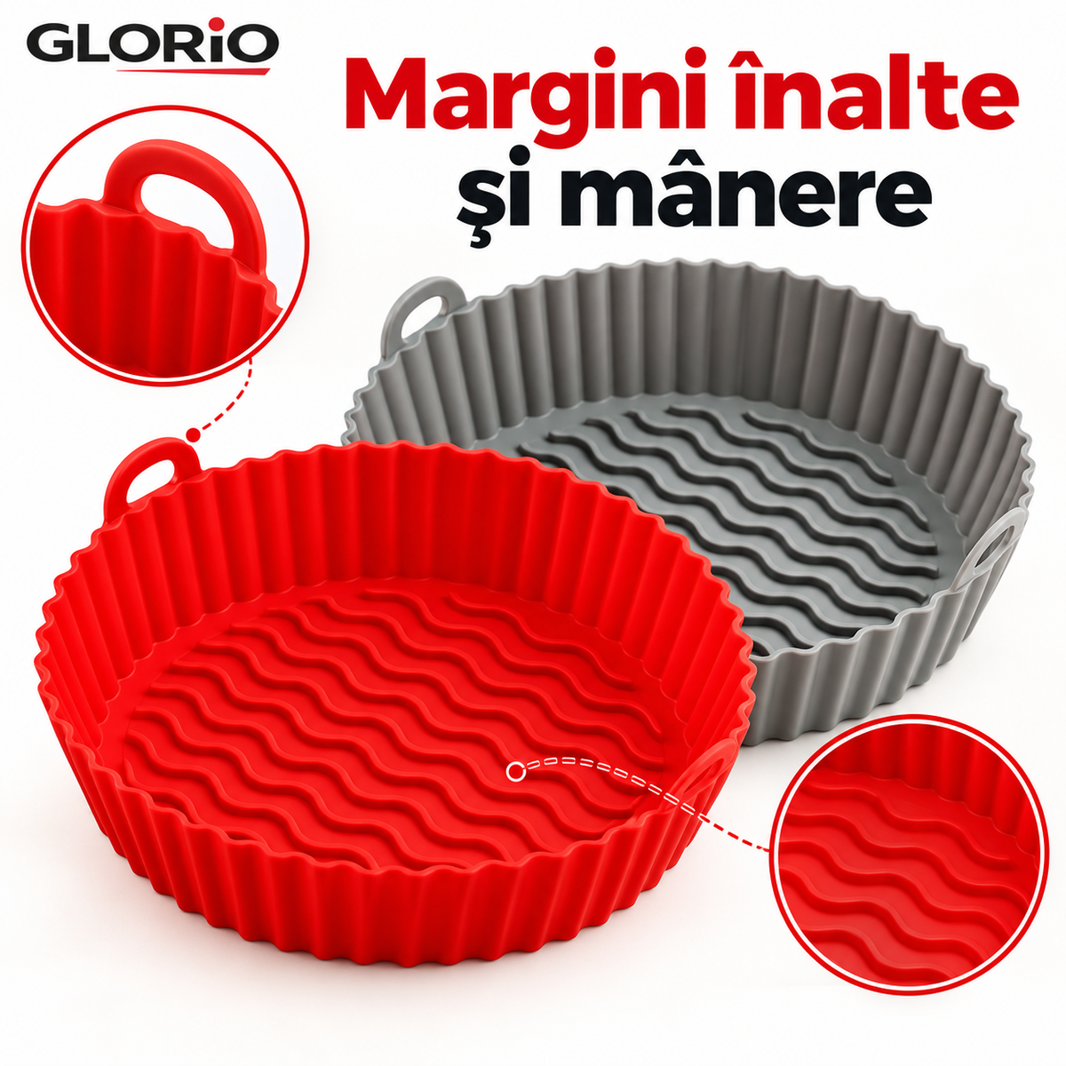 Tavă Silicon Air Fryer, 16 cm, cu Mânere – 1+1 Gratis | Glorio – Margini înalte și mânere
