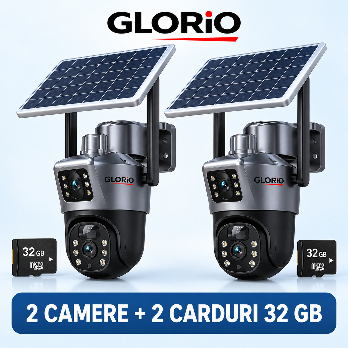 2 camere GLORIO cu panouri solare și 2 carduri 32 GB