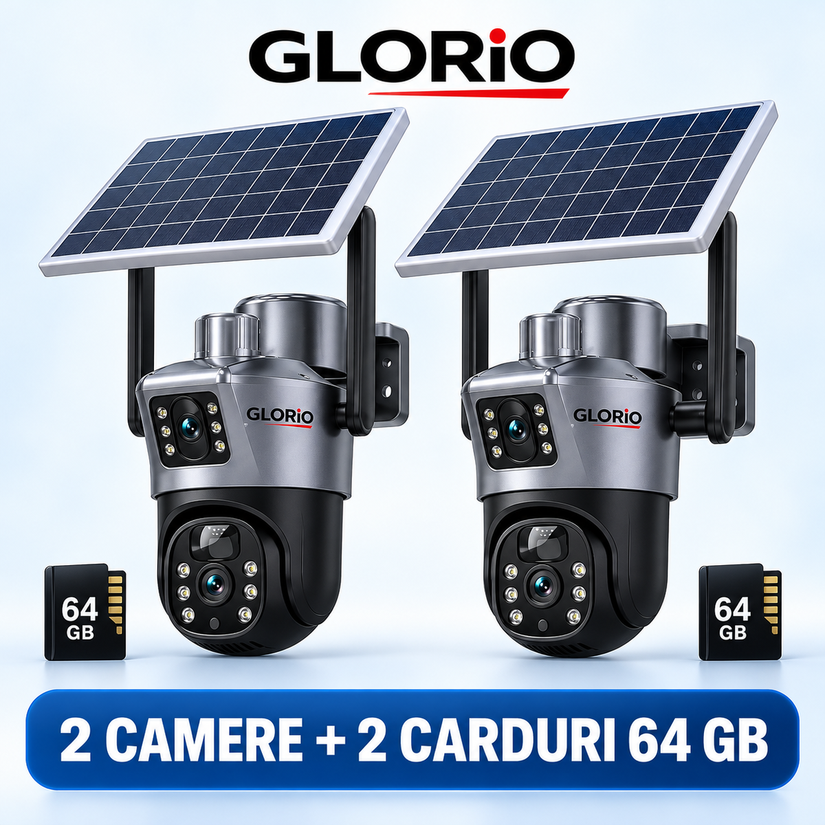 2 camere GLORIO cu panouri solare și 2 carduri 64 GB