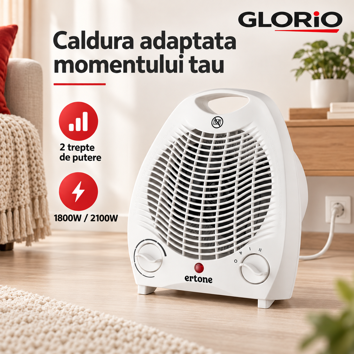 Aeroterma Ertone cu doua trepte de putere 1800W si 2100W - Glorio