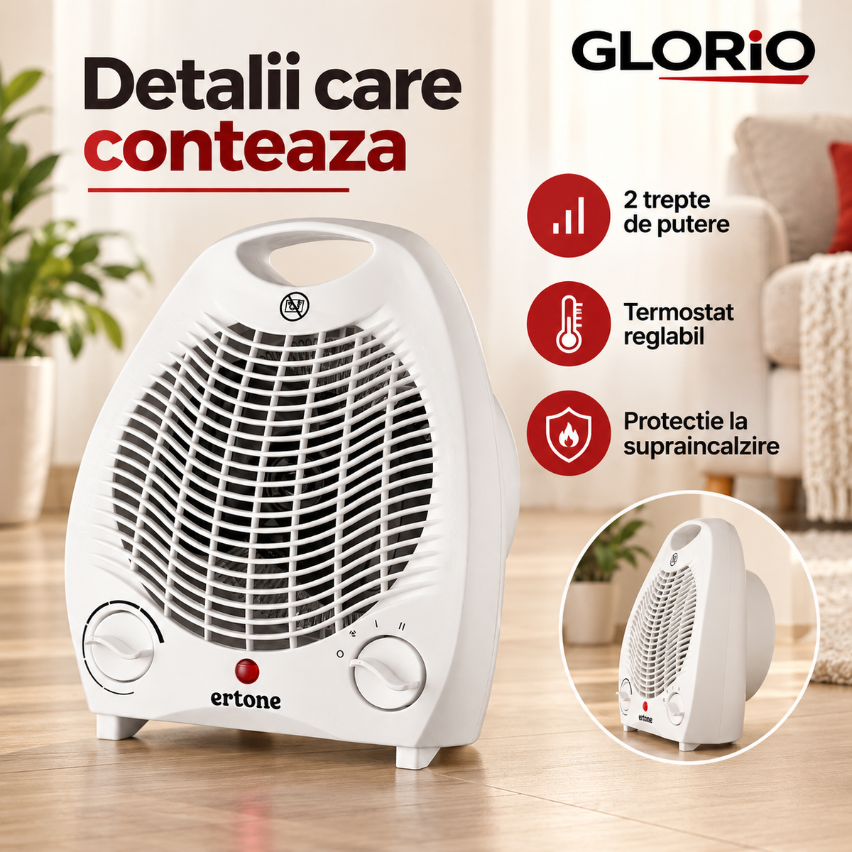 Detaliile aerotermei Ertone cu doua trepte termostat si protectie la supraincalzire - Glorio