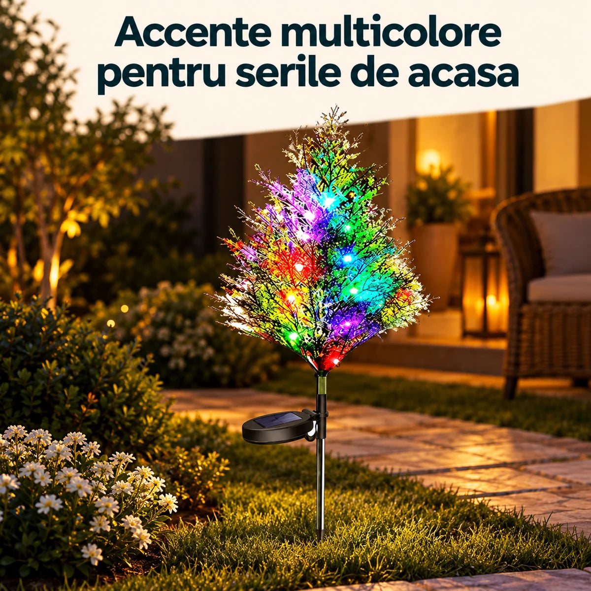 Bradut solar decorativ RGB, 74 cm, panou solar inclus - Accente multicolore pentru serile de acasa