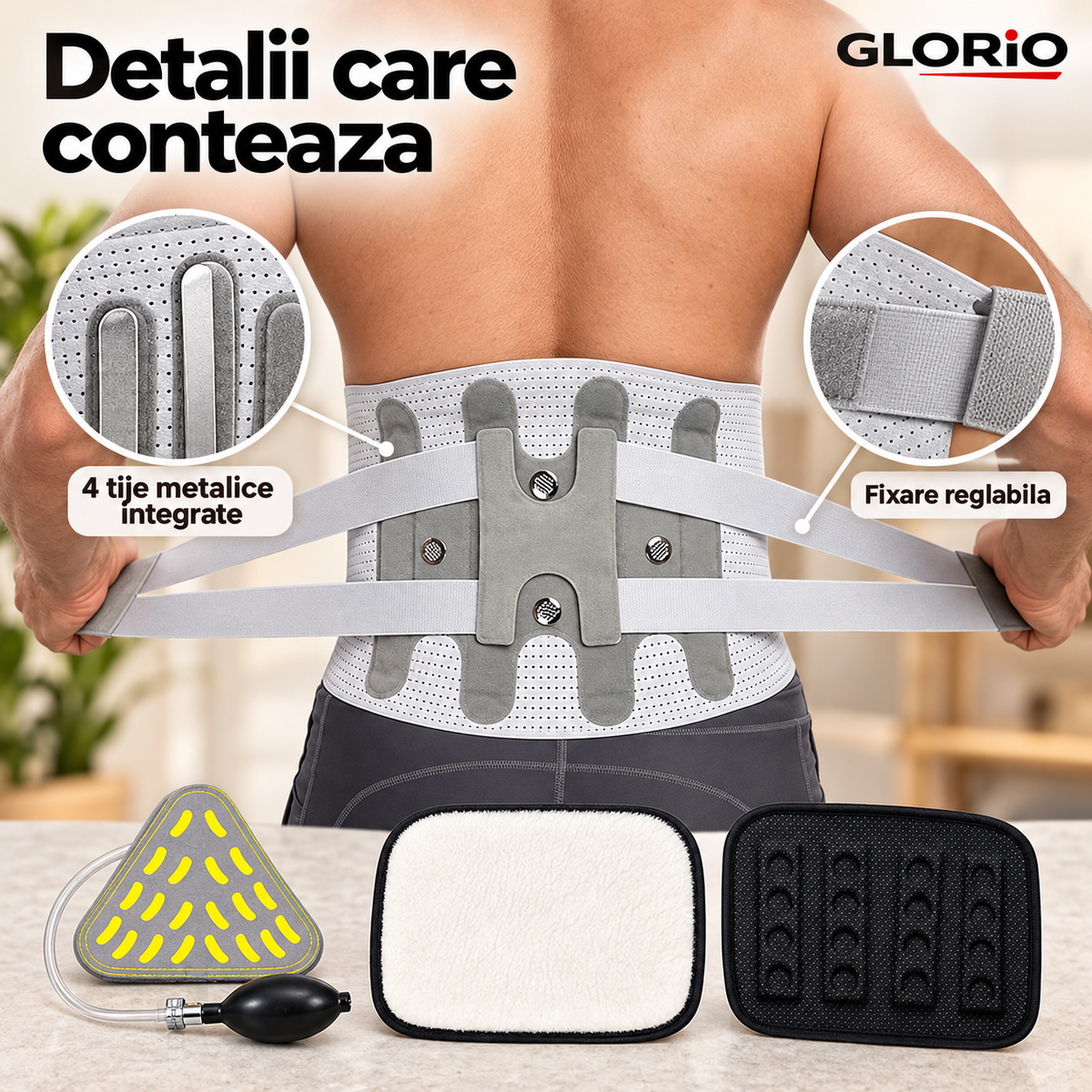 Sustinere pentru ritmul tau - Centura lombara reglabila cu 3 pad-uri interschimbabile, Gri Glorio