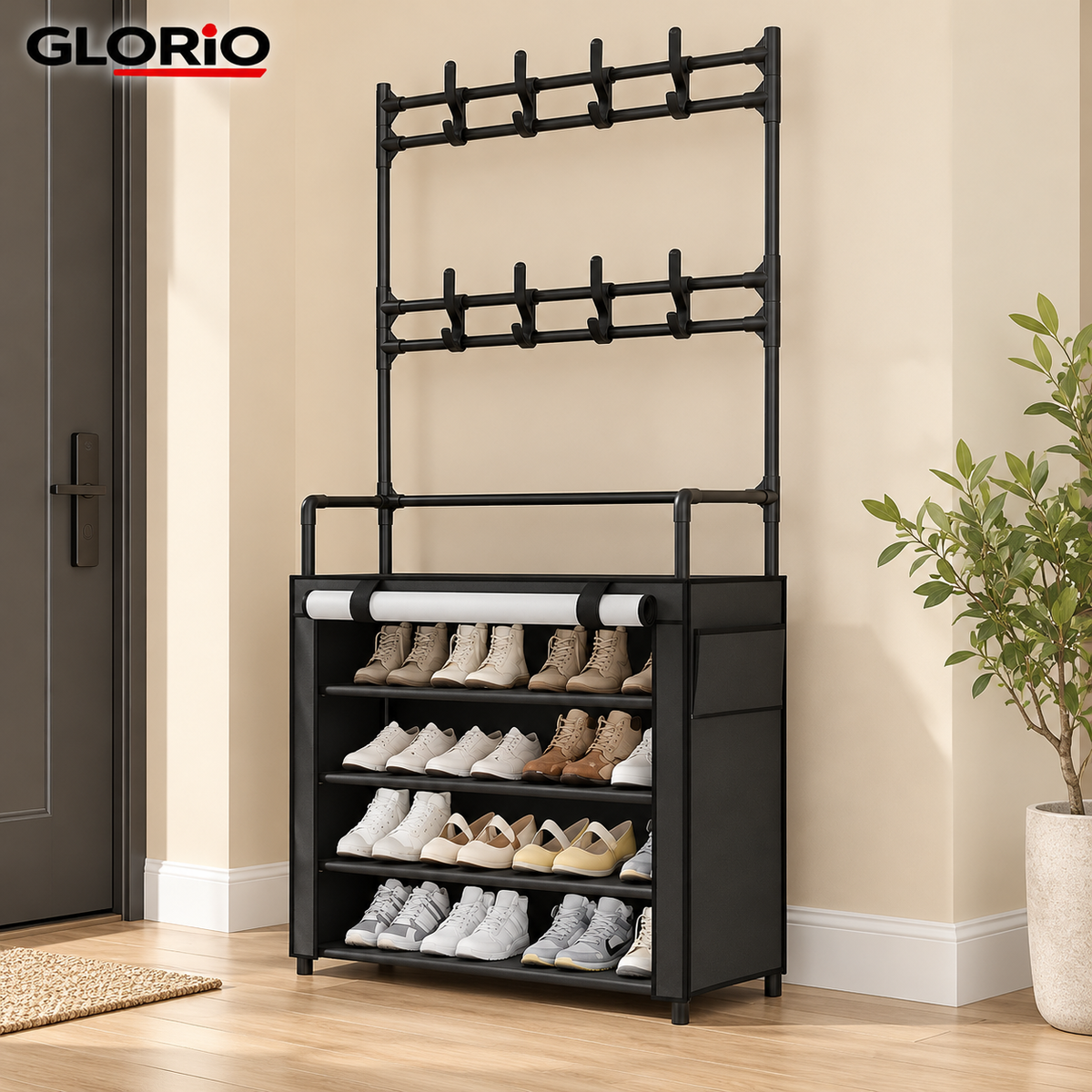 Suport incaltaminte cu cuier GLORIO, 171x60x30 cm, negru, husa anti-praf - 3