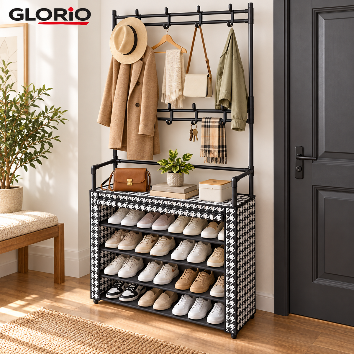 Suport incaltaminte cu cuier GLORIO, 171x80x30 cm, negru, husa anti-praf - 3