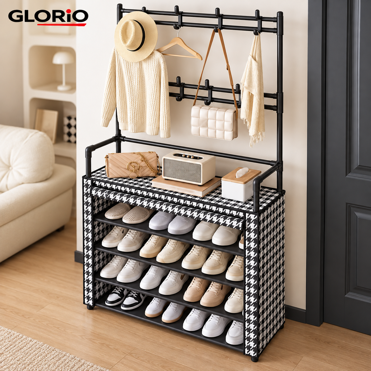 Suport incaltaminte cu cuier GLORIO, 171x80x30 cm, negru, husa anti-praf - 4