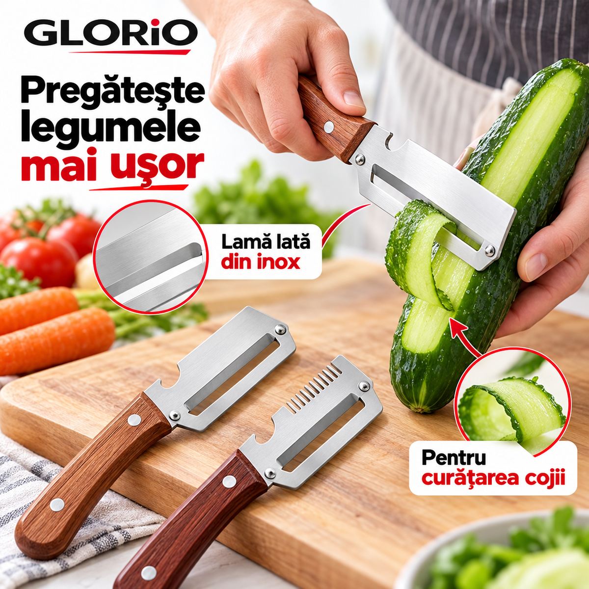 Curățarea cojii de castravete cu lama lată din inox