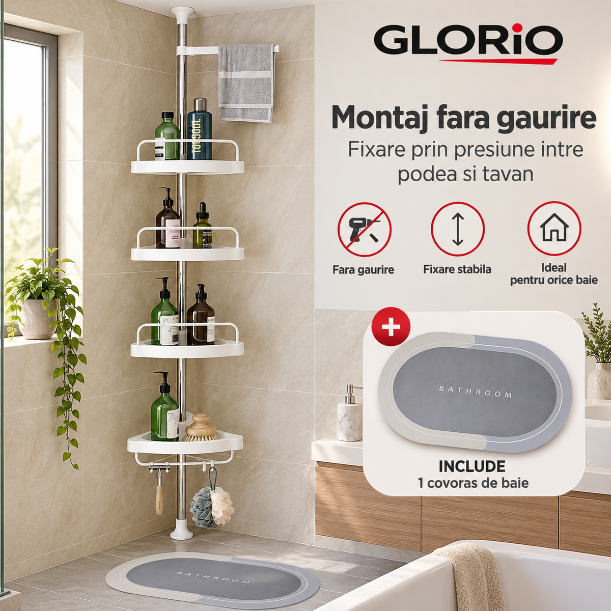 Etajera telescopica, montaj fara gaurire - Glorio
