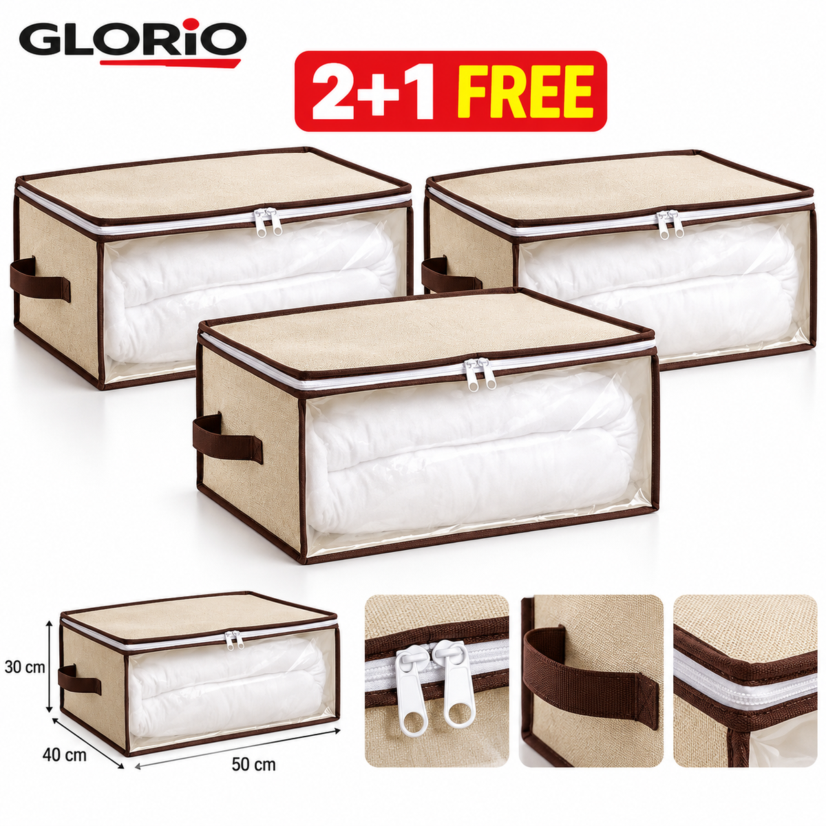 2 + 1 GRATIS - Pachet 3 huse depozitare GLORIO, 50x40x30 cm, ecru - 2