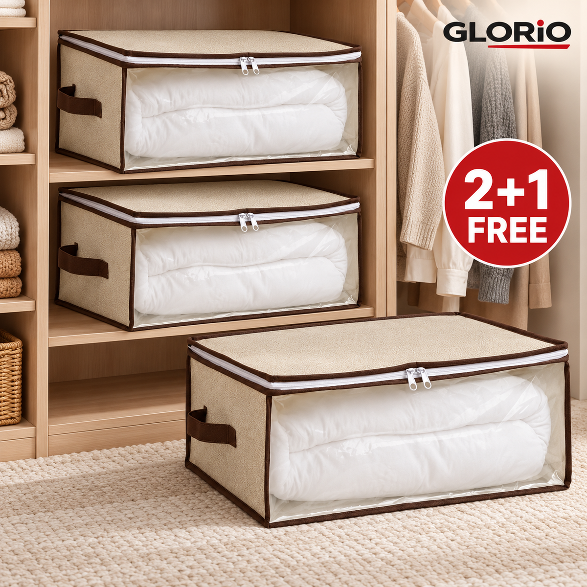2 + 1 GRATIS - Pachet 3 huse depozitare GLORIO, 50x40x30 cm, ecru - 3