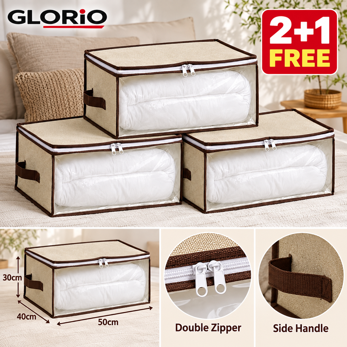 2 + 1 GRATIS - Pachet 3 huse depozitare GLORIO, 50x40x30 cm, ecru - 4