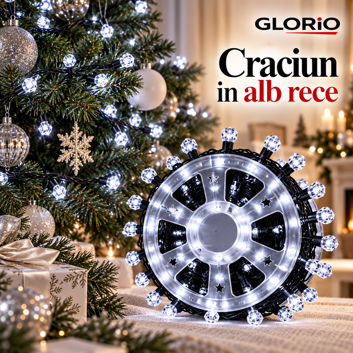 Instalatie Glorio Crystal alb rece pentru bradul de Craciun