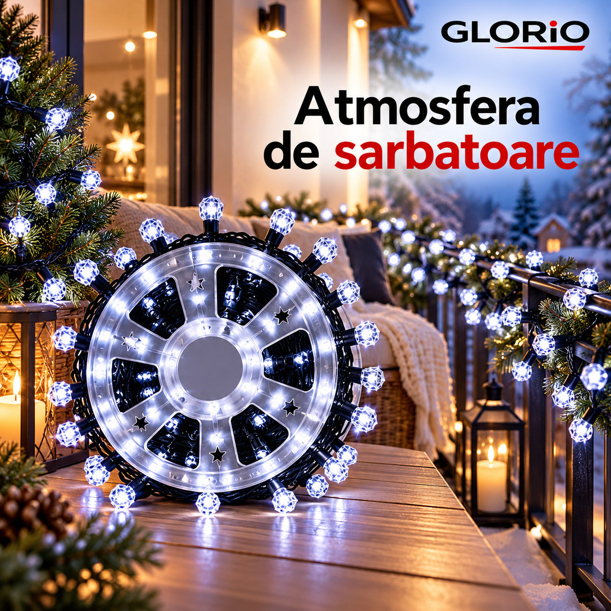 Decor de sarbatori pe terasa cu instalatie Glorio alb rece