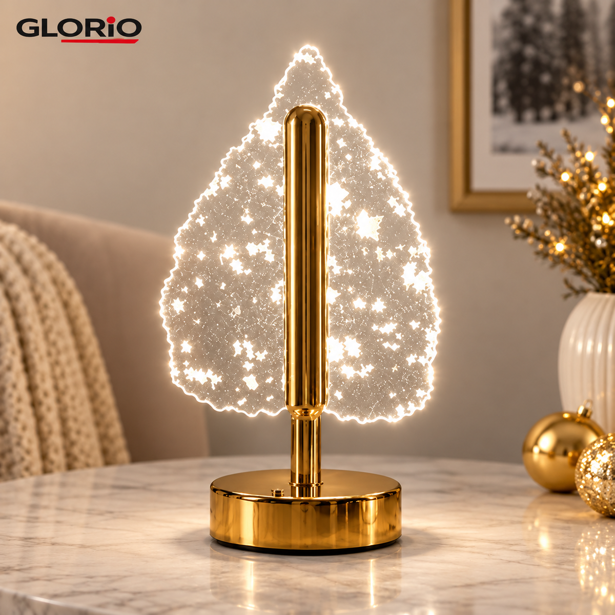 Lampa LED decorativa GLORIO in forma de brad, 26 cm, USB, touch, baza aurie - 3