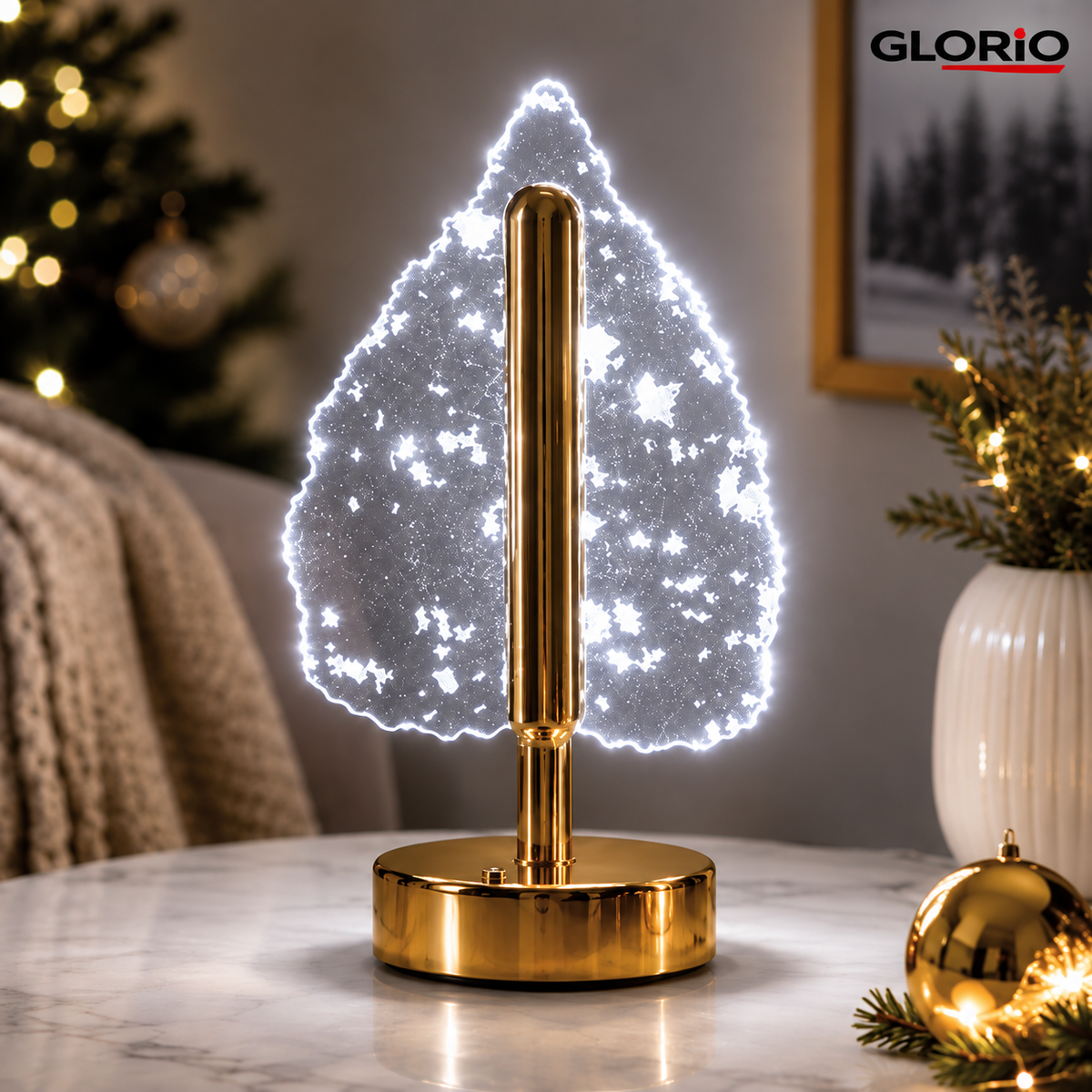 Lampa LED decorativa GLORIO in forma de brad, 26 cm, USB, touch, baza aurie - 4