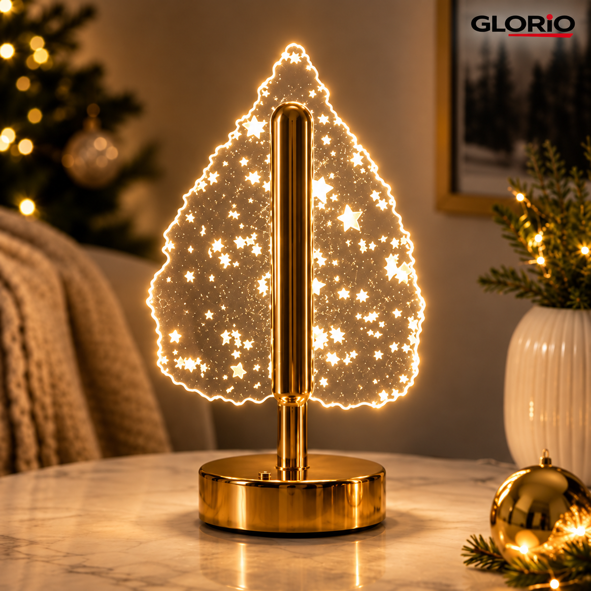 Lampa LED decorativa GLORIO in forma de brad, 26 cm, USB, touch, baza aurie - 5
