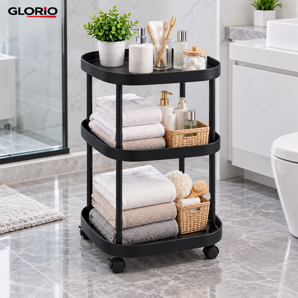 Masuta multifunctionala pe roti, 3 niveluri, 62 x 39 cm, negru - Glorio - 2