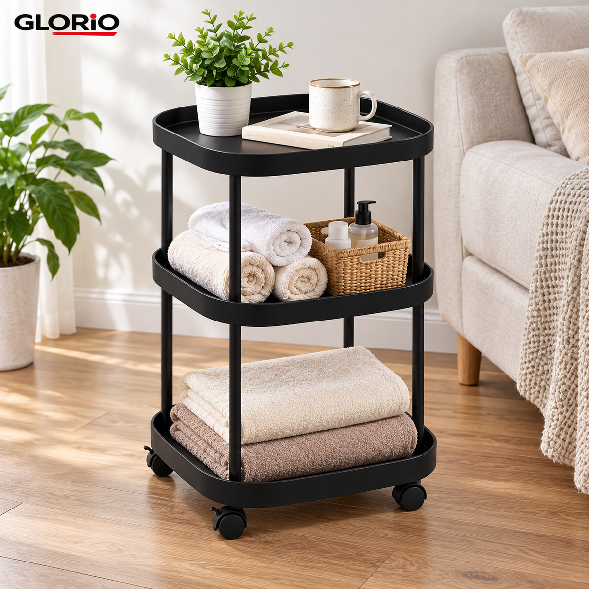 Masuta multifunctionala pe roti, 3 niveluri, 62 x 39 cm, negru - Glorio - 5