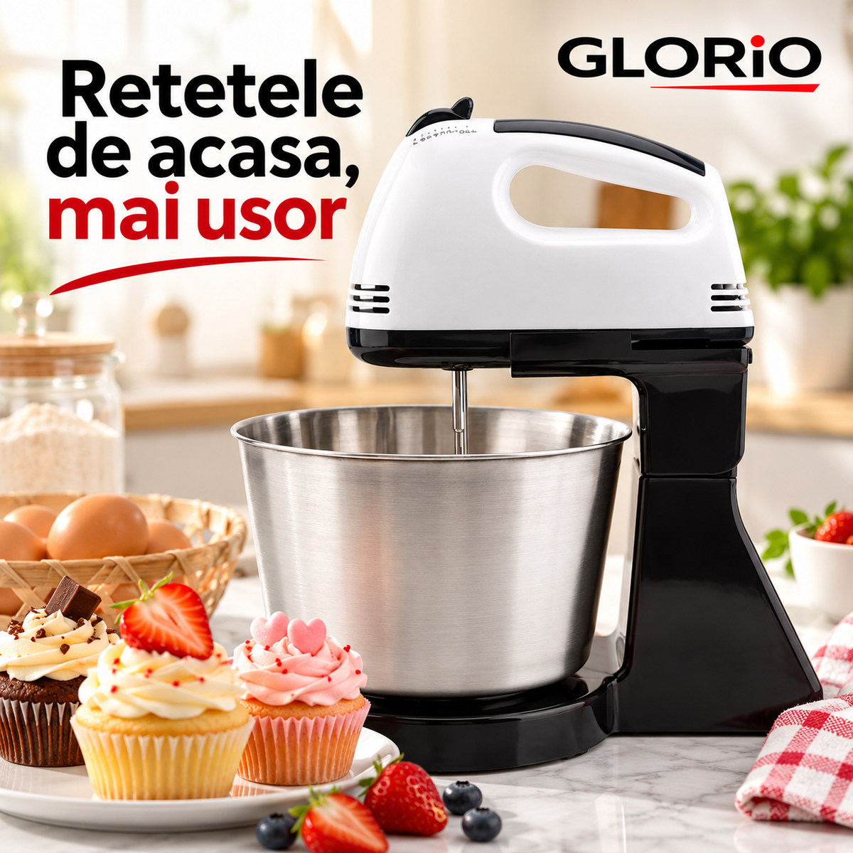 Mixer cu bol inox Glorio pentru retete de casa