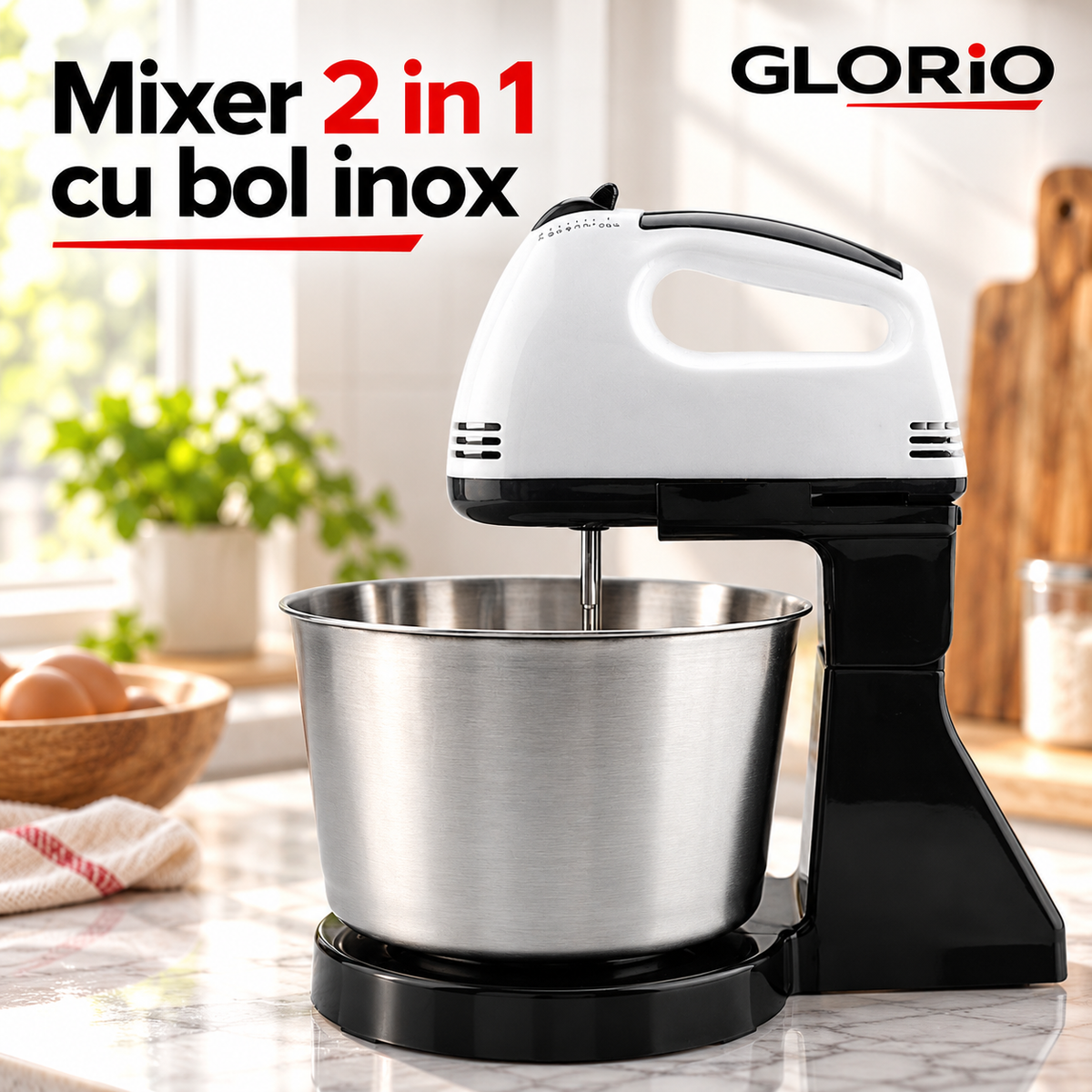 Mixer Glorio 2 in 1 cu bol inox si suport