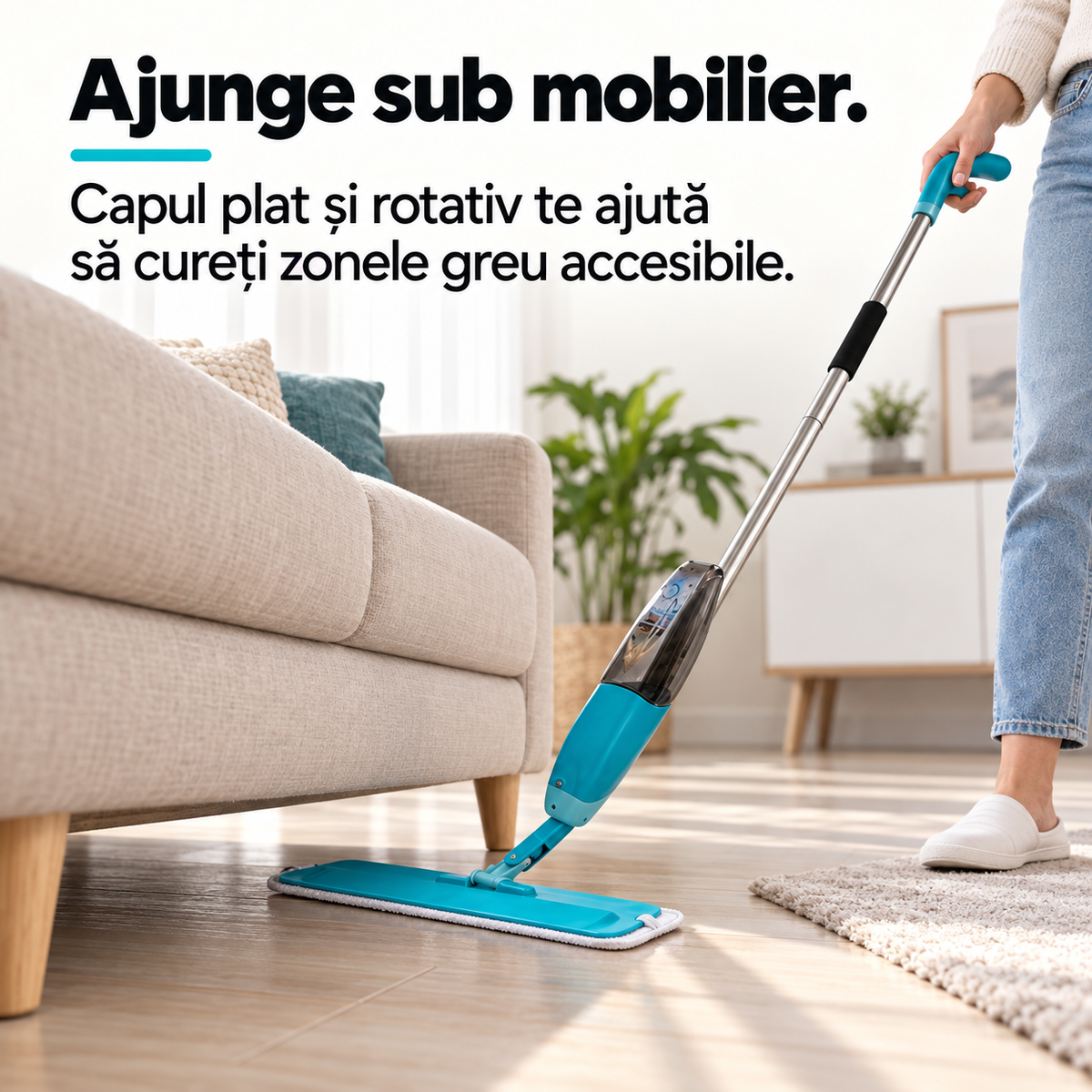 Mop cu cap plat rotativ pentru curățarea sub mobilier