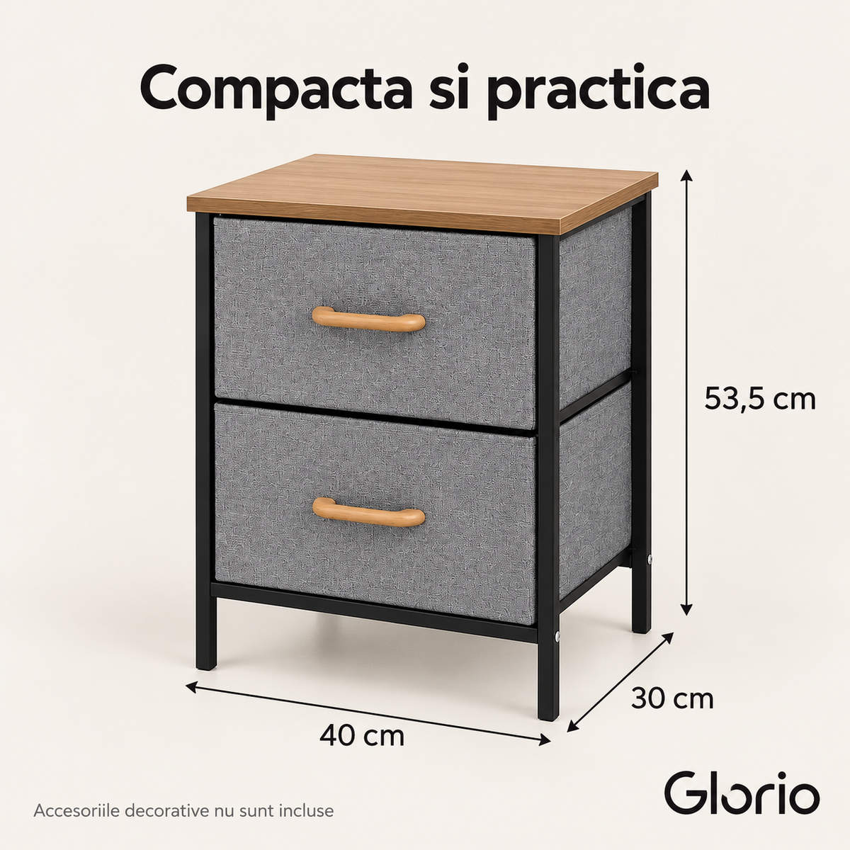 Dimensiuni noptiera Glorio: latime 40 cm, adancime 30 cm, inaltime 53,5 cm