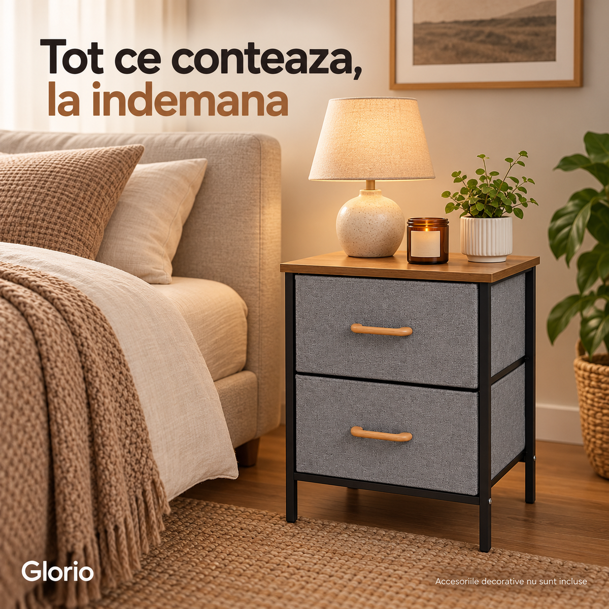 Noptiera Glorio cu doua sertare gri in dormitor
