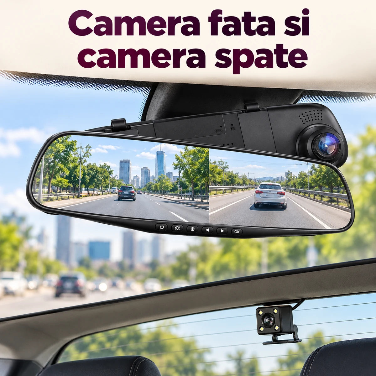 Oglinda retrovizoare cu camere fata-spate, DVR si ecran 4,3 inch - Camera fata si camera spate