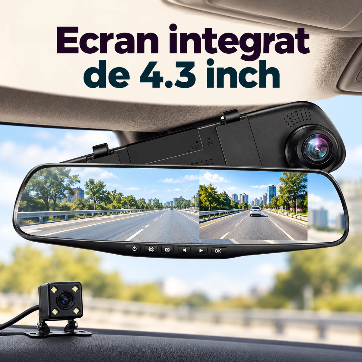 Oglinda retrovizoare cu camere fata-spate, DVR si ecran 4,3 inch - Ecran integrat de 4.3 inch