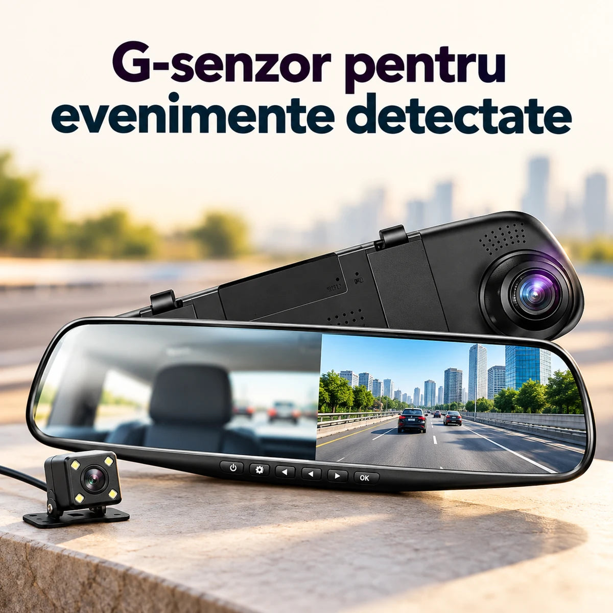 Oglinda retrovizoare cu camere fata-spate, DVR si ecran 4,3 inch - G-senzor pentru evenimente detectate
