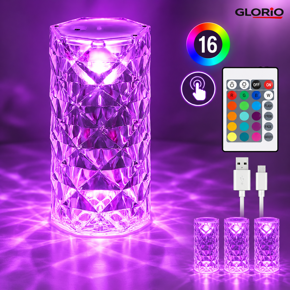 2+1 GRATUIT - Pachet 3 lampi LED cristal, 16 culori, touch si telecomanda - 3