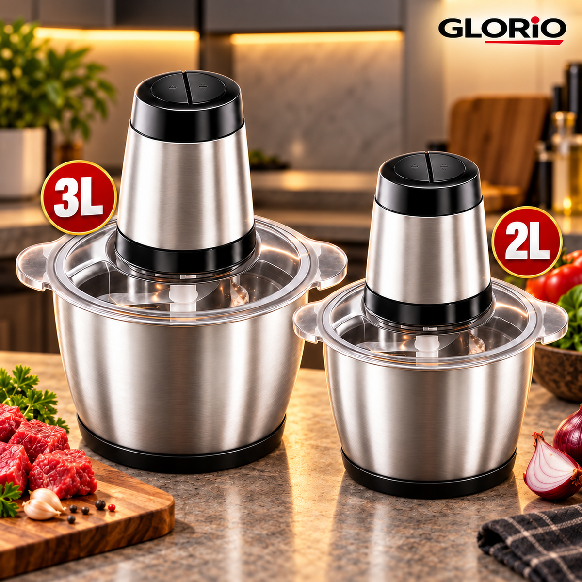 Pachet 2 tocatoare electrice inox, 3 L + 2 L, 2 viteze - Glorio - 3